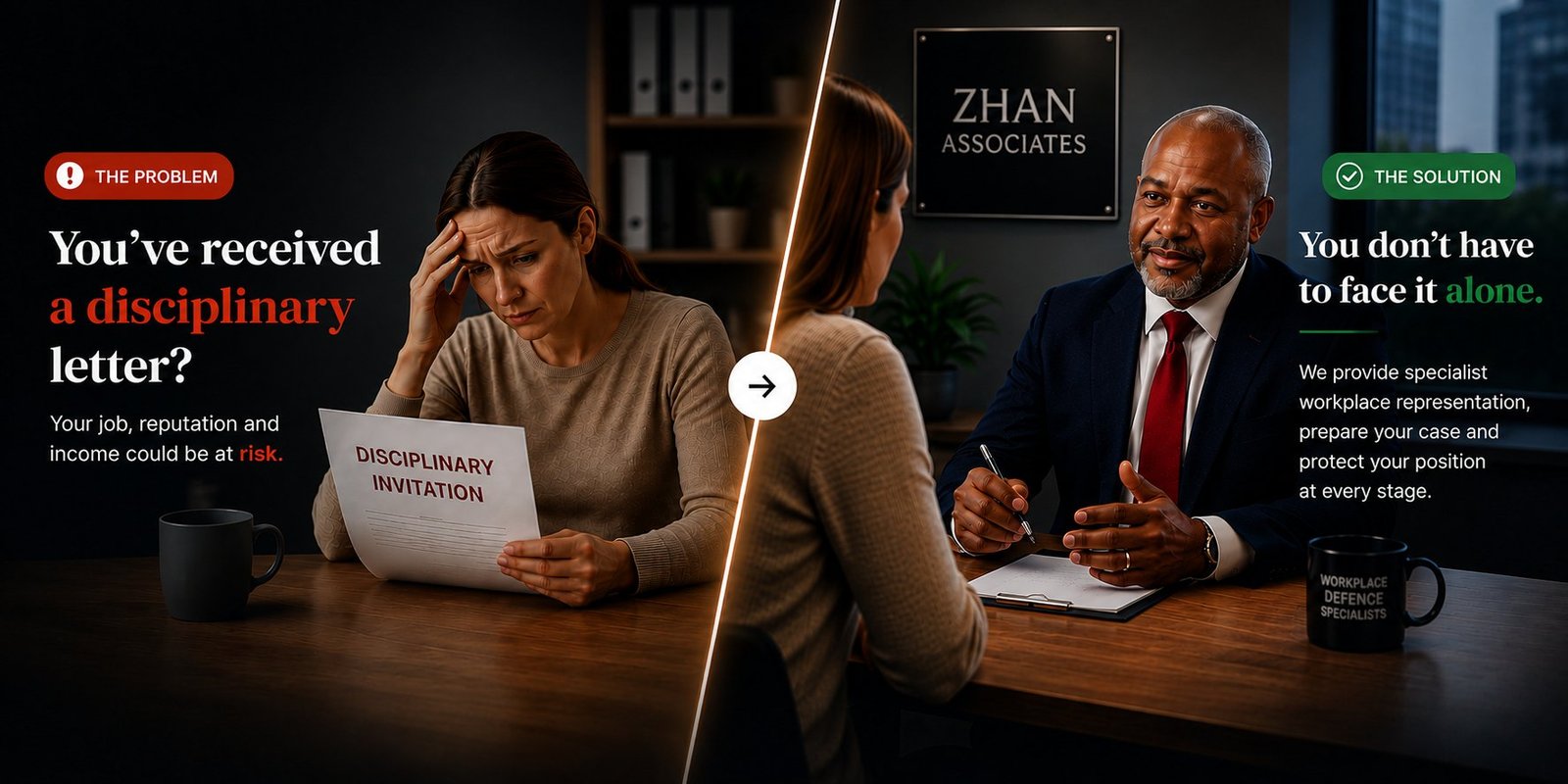 A split scene contrasting two experiences of a disciplinary process. On the left, headed &lsquo;The problem&rsquo;, an anxious employee sits alone reading a disciplinary invitation letter. On the right, headed &lsquo;The solution&rsquo;, the same person is supported across the table by a composed Zhan Associates workplace defence specialist who is preparing her case.